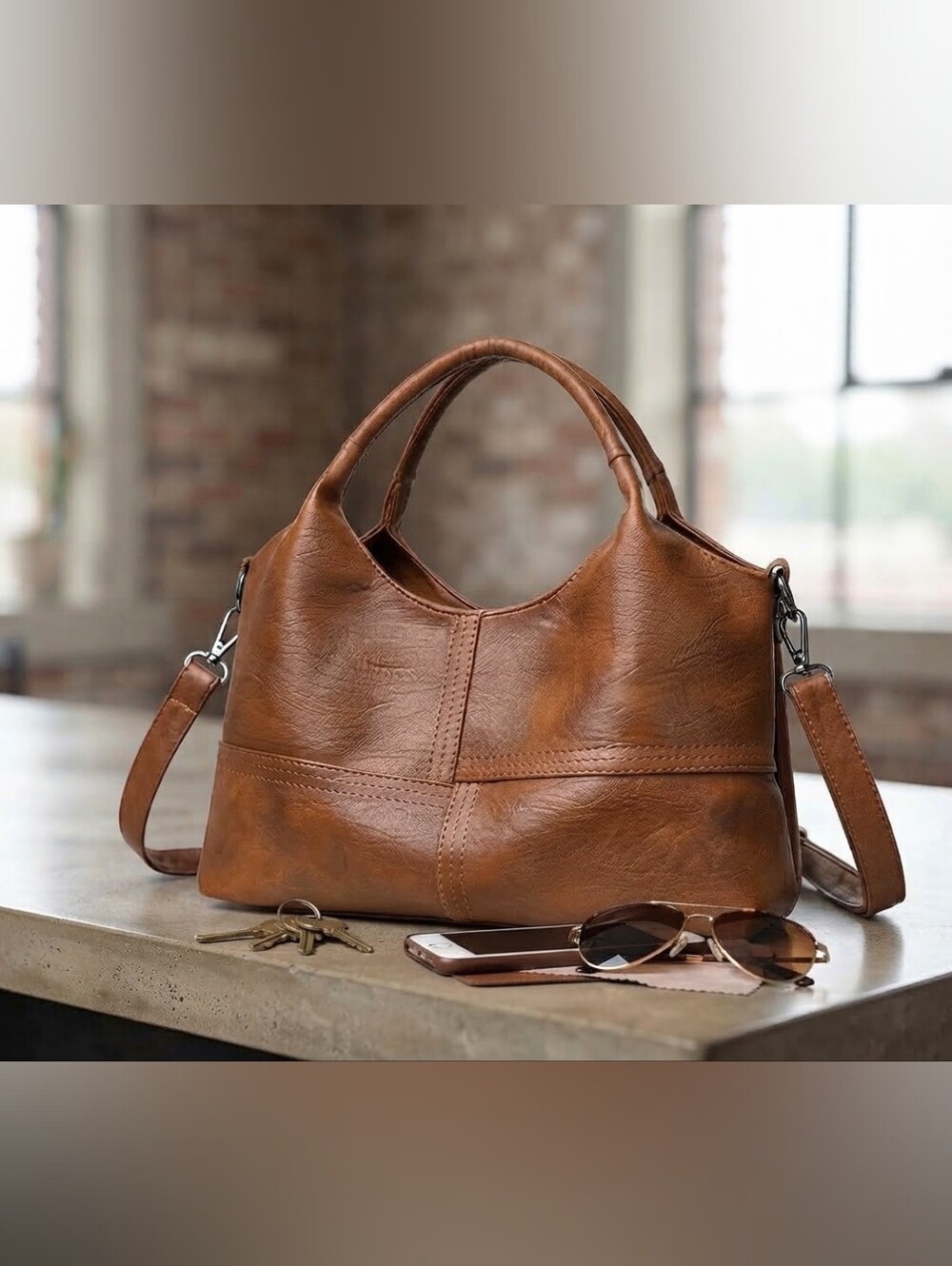 Leather Hobo Shoulder And Cross Body Bag - Brown